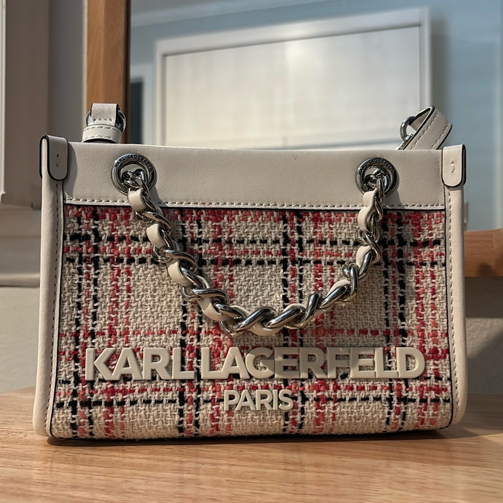 NWT Karl Lagerfeld White and Pink Tweed Plaid Shoulder Bag/ Crossbody